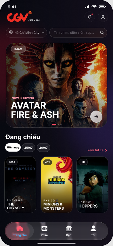 CGV Vietnam 앱의 영화 추천과 예매 홈 화면