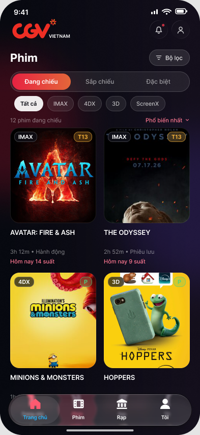CGV Vietnam 앱의 영화 목록과 상영 형식 필터 화면